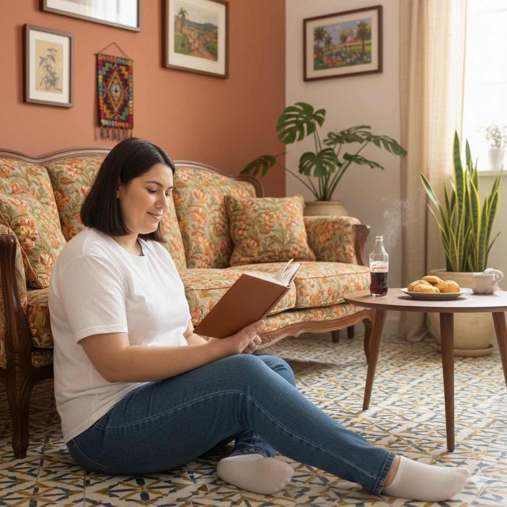 mulher sentada no chão da sala com livro na mão